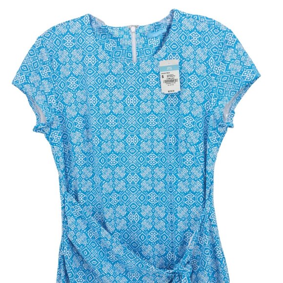 NWT J MCLAUGHLIN Havana Dress Faux Wrap Tie Aqua Blue White Neo Tapestry SMALL - Picture 2 of 7